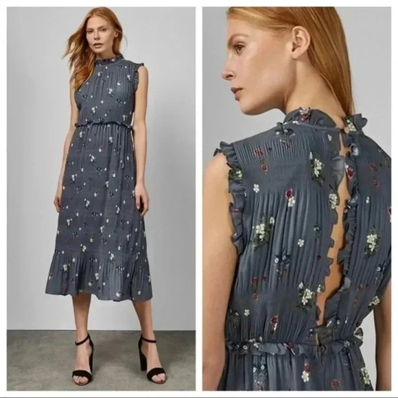 Ted Baker Gray Pleated Floral Midi Dress Size 8 - Picture 6 of 7